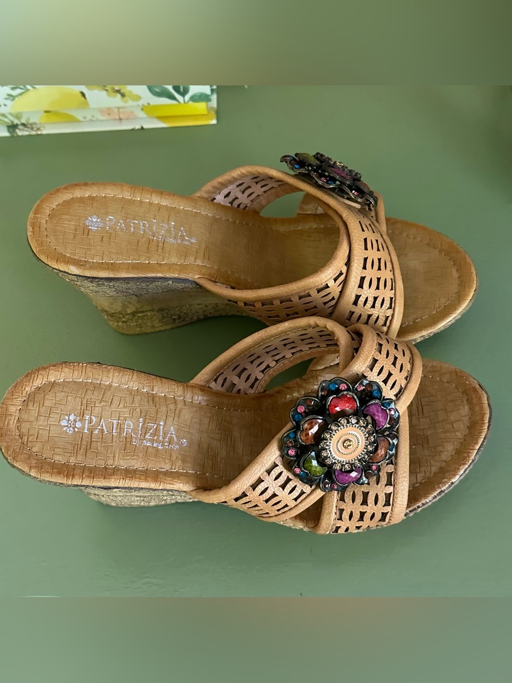 Patrizia Spring Step Tan Floral Jewel Accent Slide Platform Wedge Sandal 38/7.5 - Picture 6 of 13